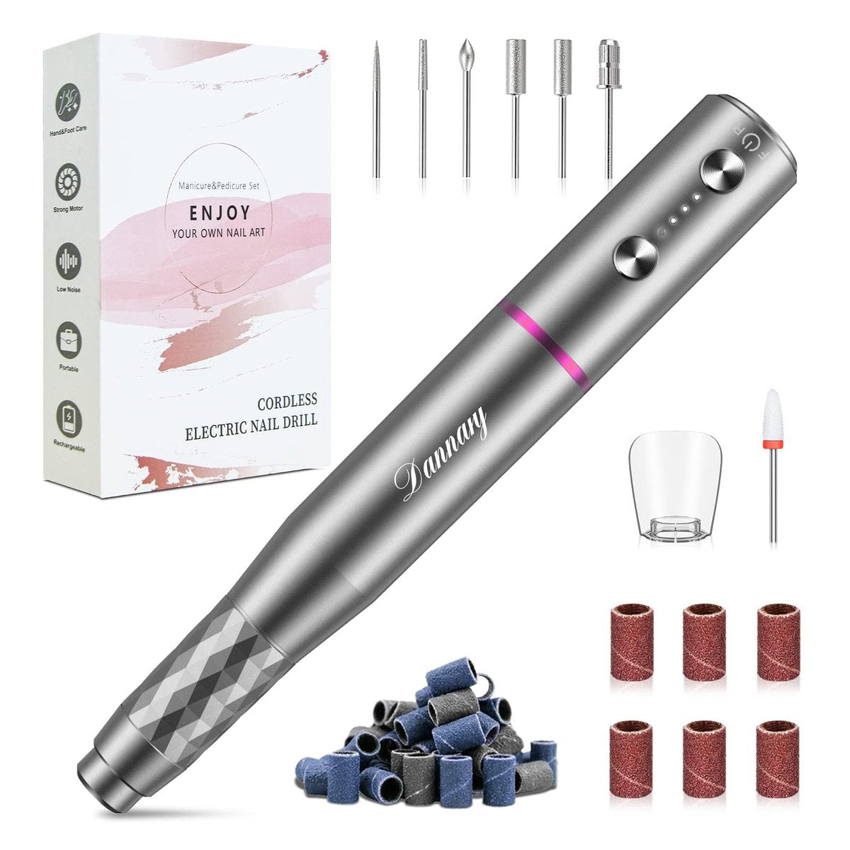 Professioneller kabelloser Nagelbohrer-Aufsatz, wiederaufladbar, mit Bits-Set für Acryl-Gel-Dip-Nägel, Maniküre- und Pediküre-Set für Zuhause und Salon, Grau
