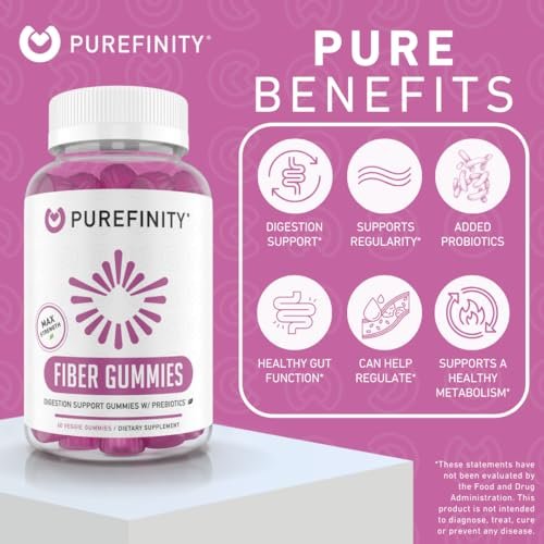PUREFINITY Ballaststoff-Gummis für Erwachsene mit Inulin-FOS aus Chicorée-Wurzel, Zuckerfreies Präbiotikum für tägliche Verdauung & Verstopfungslinderung – Non-GMO, Vegan, 60 Stück
