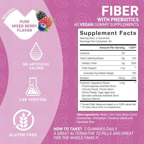 PUREFINITY Ballaststoff-Gummis für Erwachsene mit Inulin-FOS aus Chicorée-Wurzel, Zuckerfreies Präbiotikum für tägliche Verdauung & Verstopfungslinderung – Non-GMO, Vegan, 60 Stück