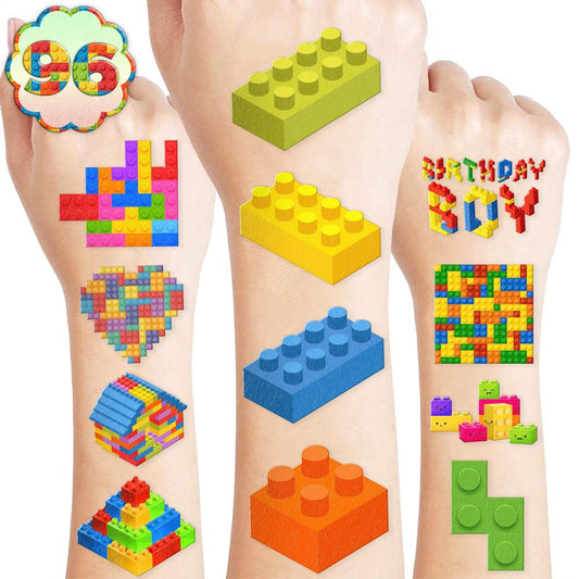 96-teiliges Baustein-Motiv Aufkleber-Tattoo-Set – Süße temporäre Tattoos für Kinder, Jungen & Mädchen | Geburtstagsfeiern, Partytüten, Geschenke, Schulpreise (Normal)