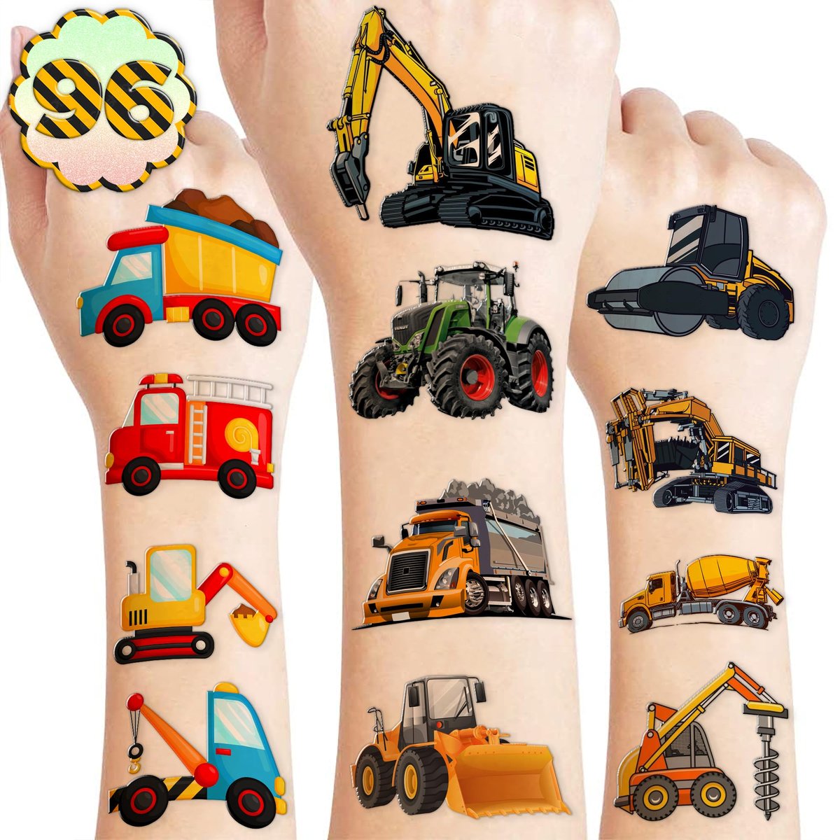 Baustellen-Tattoos für Kinder – 96 temporäre Tattoos mit Bagger, Bulldozer & Co. – Geburtstagsparty-Deko & Mitgebsel