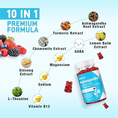 Sijigood Ashwagandha Gummis mit L-Theanin – 60 Gummis mit gemischtem Beerengeschmack für Männer und Frauen