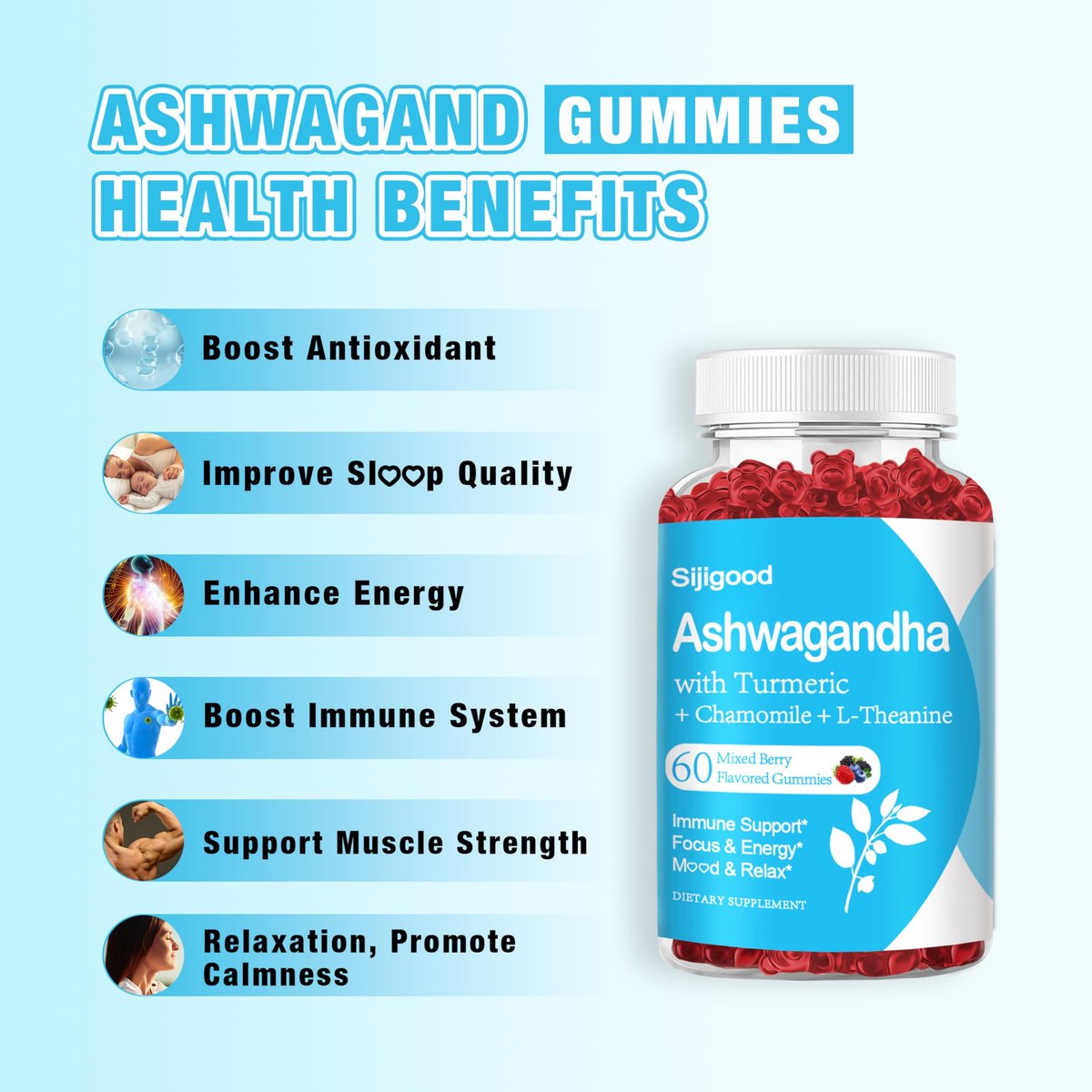 Sijigood Ashwagandha Gummis mit L-Theanin – 60 Gummis mit gemischtem Beerengeschmack für Männer und Frauen