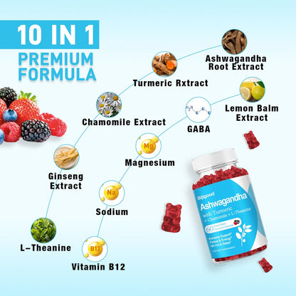 Sijigood Ashwagandha Gummis mit L-Theanin – 60 Gummis mit gemischtem Beerengeschmack für Männer und Frauen