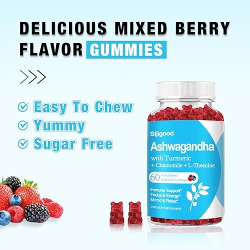 Sijigood Ashwagandha Gummis mit L-Theanin – 60 Gummis mit gemischtem Beerengeschmack für Männer und Frauen