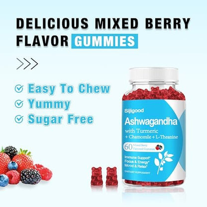 Sijigood Ashwagandha Gummis mit L-Theanin – 60 Gummis mit gemischtem Beerengeschmack für Männer und Frauen
