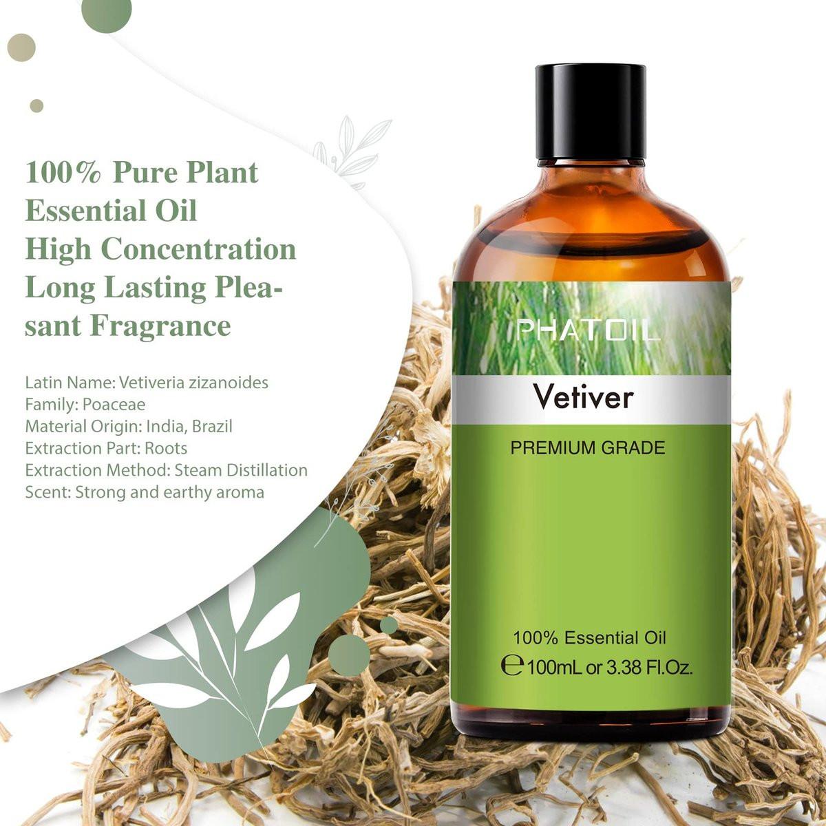 Vetiver 100ml Ätherisches Öl – PHATOIL Reines Aromatherapieöl für Diffuser, Luftbefeuchter, DIY Seife, Kerzen, Badebomben
