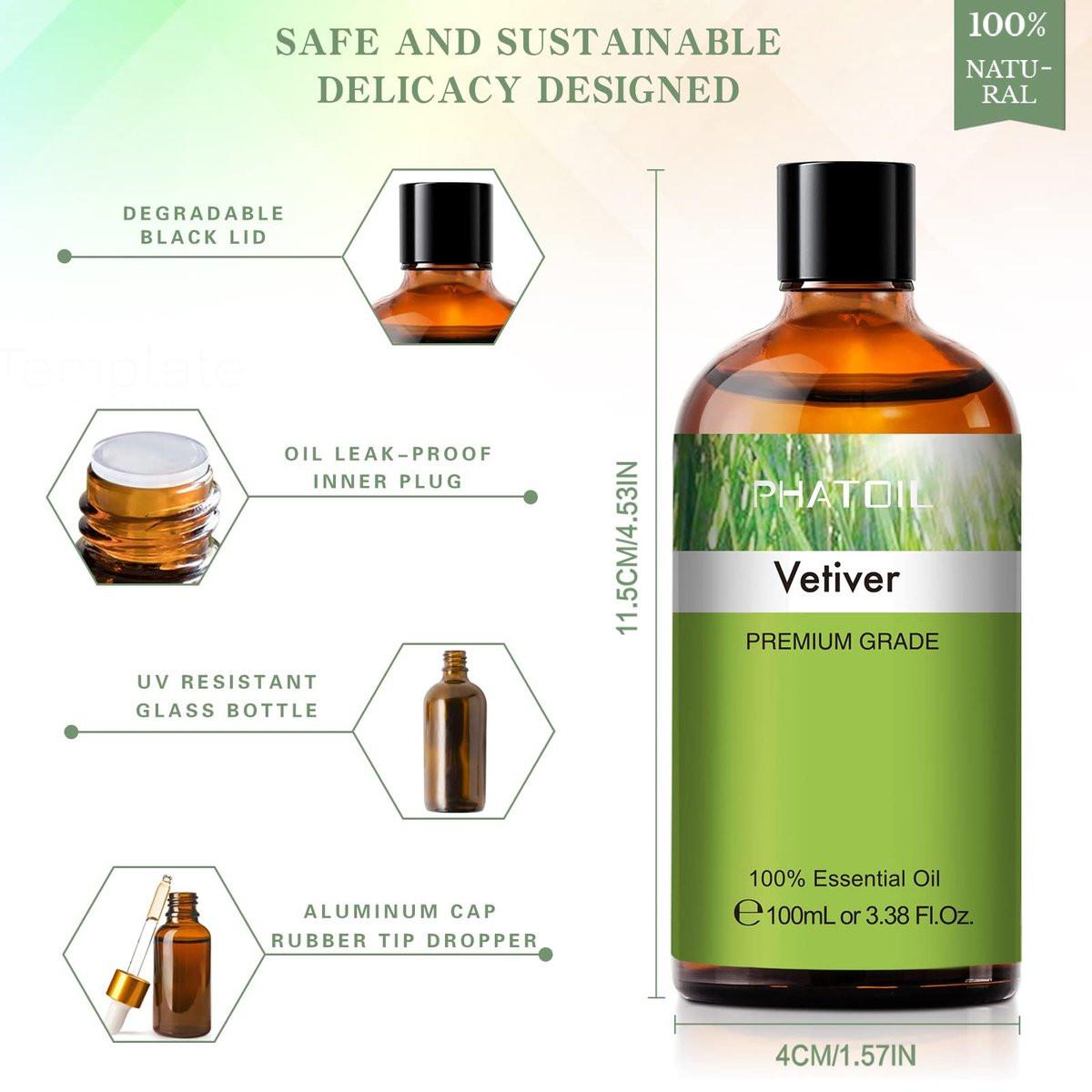 Vetiver 100ml Ätherisches Öl – PHATOIL Reines Aromatherapieöl für Diffuser, Luftbefeuchter, DIY Seife, Kerzen, Badebomben