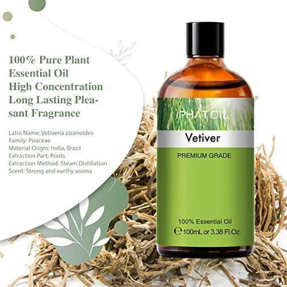 Vetiver 100ml Ätherisches Öl – PHATOIL Reines Aromatherapieöl für Diffuser, Luftbefeuchter, DIY Seife, Kerzen, Badebomben