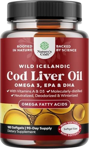 Isländisches Lebertranöl Softgels - Wild gefangenes Omega-3 Fischöl 1000 mg pro Portion - Nachhaltig bezogene, rülpsfreie Nahrungsergänzung mit Vitamin D3 & A für Herz-, Gelenk-, Gehirn- und Immununterstützung - 180 Stück