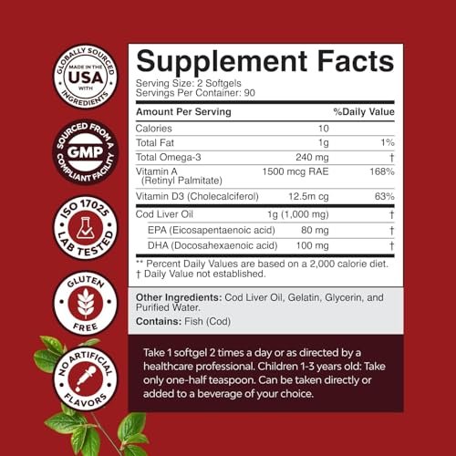 Isländisches Lebertranöl Softgels - Wild gefangenes Omega-3 Fischöl 1000 mg pro Portion - Nachhaltig bezogene, rülpsfreie Nahrungsergänzung mit Vitamin D3 & A für Herz-, Gelenk-, Gehirn- und Immununterstützung - 180 Stück