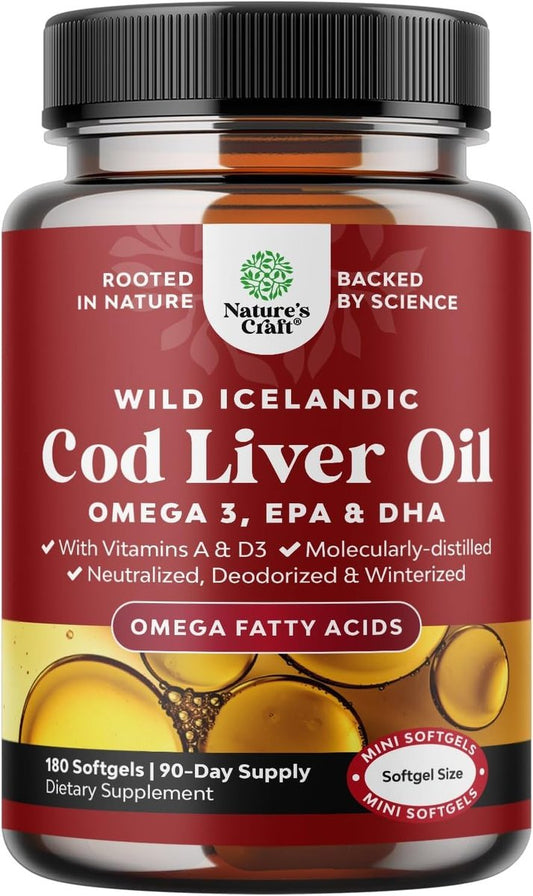 Isländisches Lebertranöl Softgels - Wild gefangenes Omega-3 Fischöl 1000 mg pro Portion - Nachhaltig bezogene, rülpsfreie Nahrungsergänzung mit Vitamin D3 & A für Herz-, Gelenk-, Gehirn- und Immununterstützung - 180 Stück