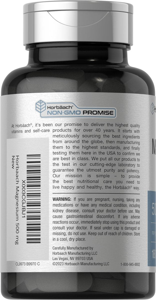 Horbäach Magnesium 500mg | 180 Tabletten | Vegetarisches, Nicht-GVO und Glutenfreies Nahrungsergänzungsmittel