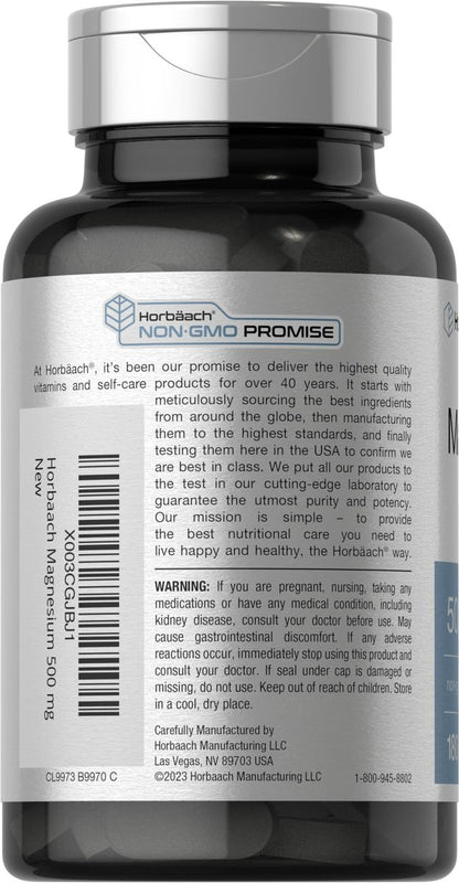 Horbäach Magnesium 500mg | 180 Tabletten | Vegetarisches, Nicht-GVO und Glutenfreies Nahrungsergänzungsmittel