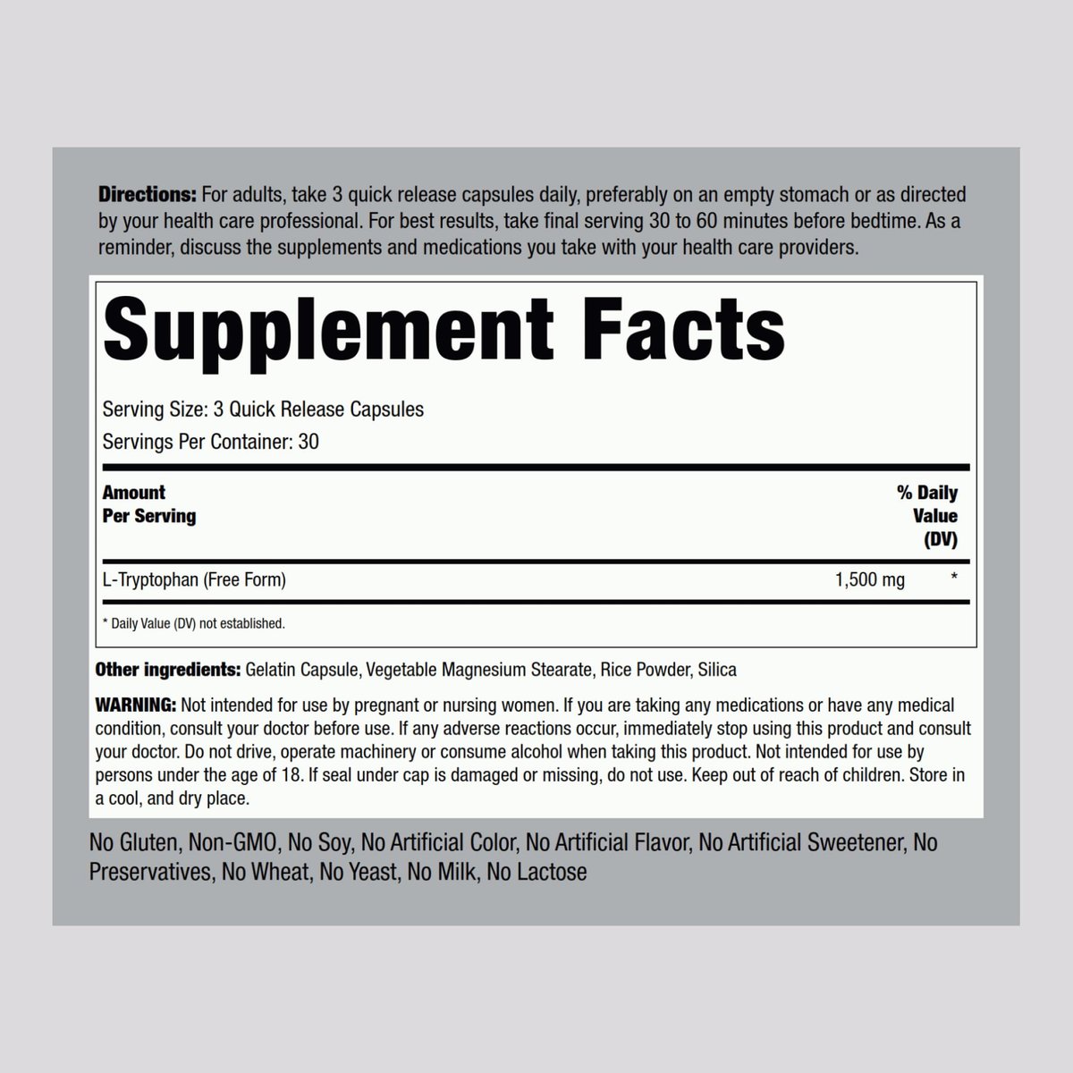 Piping Rock L-Tryptophan 1500 mg | 90 Kapseln | Freie Form | Non-GMO, Glutenfrei