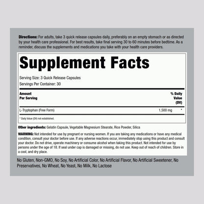 Piping Rock L-Tryptophan 1500 mg | 90 Kapseln | Freie Form | Non-GMO, Glutenfrei