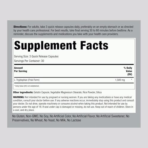 Piping Rock L-Tryptophan 1500 mg | 90 Kapseln | Freie Form | Non-GMO, Glutenfrei