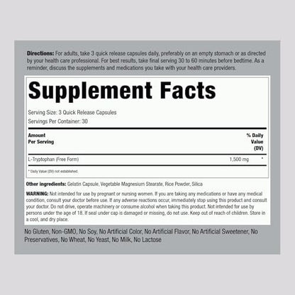 Piping Rock L-Tryptophan 1500 mg | 90 Kapseln | Freie Form | Non-GMO, Glutenfrei