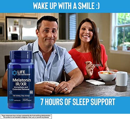 Life Extension Melatonin IR/XR 120 Kapseln - Sofort- & 7-Stunden-verzögerte Freisetzung - Nachtzeit Nahrungsergänzungsmittel - Unterstützt Durchschlafen - Nicht-GVO, Glutenfrei