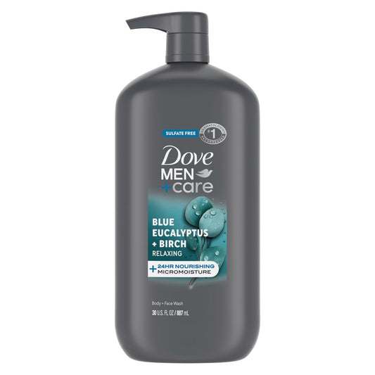 DOVE MEN + CARE Entspannendes Duschgel mit Blauem Eukalyptus & Birke für Gesicht und Körper – 24-Stunden-Feuchtigkeitspflege mit Mikrofeuchtigkeitstechnologie, 887 ml