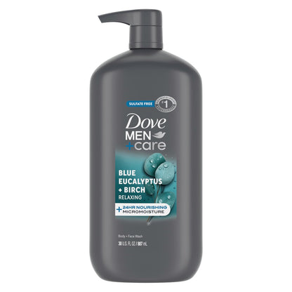 DOVE MEN + CARE Entspannendes Duschgel mit Blauem Eukalyptus & Birke für Gesicht und Körper – 24-Stunden-Feuchtigkeitspflege mit Mikrofeuchtigkeitstechnologie, 887 ml