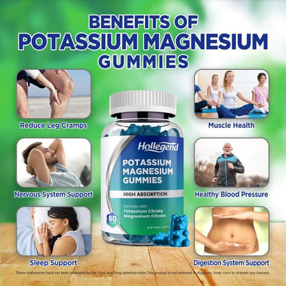 HOLLEGEND Kalium Magnesium Gummies – Hochdosiert mit Kaliumcitrat 99mg & Magnesiumcitrat 180mg – Lutschbare Gummibonbons gegen Beinkrämpfe & Muskelverspannungen – 60 Stück