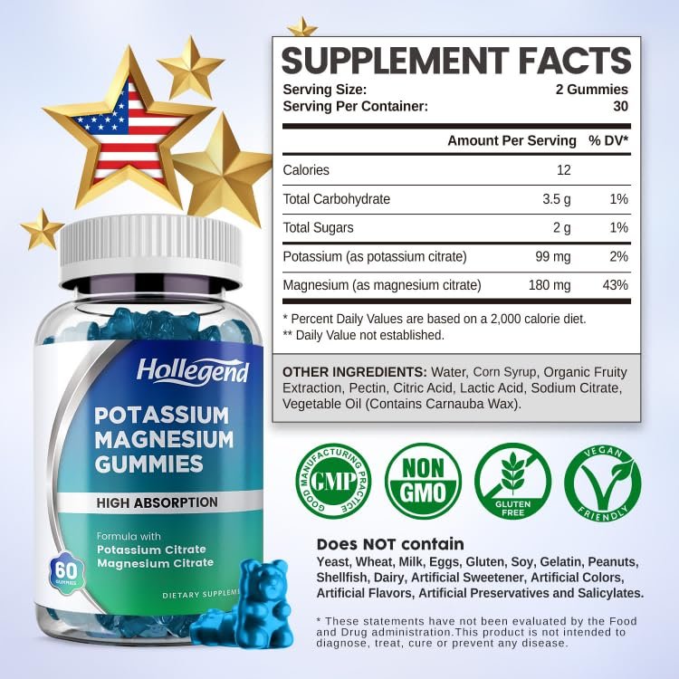HOLLEGEND Kalium Magnesium Gummies – Hochdosiert mit Kaliumcitrat 99mg & Magnesiumcitrat 180mg – Lutschbare Gummibonbons gegen Beinkrämpfe & Muskelverspannungen – 60 Stück