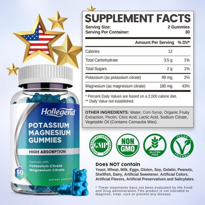 HOLLEGEND Kalium Magnesium Gummies – Hochdosiert mit Kaliumcitrat 99mg & Magnesiumcitrat 180mg – Lutschbare Gummibonbons gegen Beinkrämpfe & Muskelverspannungen – 60 Stück