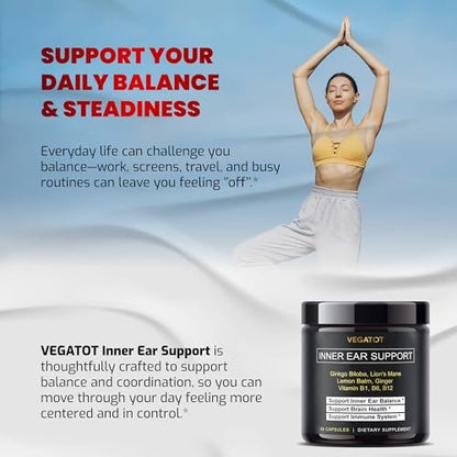VEGATOT Innenohr Ergänzung mit Ginkgo Biloba, Löwenmähne, Zitronenmelisse, Ingwer, Vitamin B1, B6, B12 – für Schwindel, Drehschwindel und Gleichgewicht