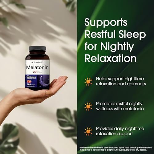 NatureBell Melatonin 20mg - 365 Lutschtabletten - Tägliche Schlafunterstützung für Erwachsene - Nachtzeit-Ergänzung zur Entspannung* - Löst sich schnell auf