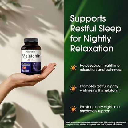 NatureBell Melatonin 20mg - 365 Lutschtabletten - Tägliche Schlafunterstützung für Erwachsene - Nachtzeit-Ergänzung zur Entspannung* - Löst sich schnell auf