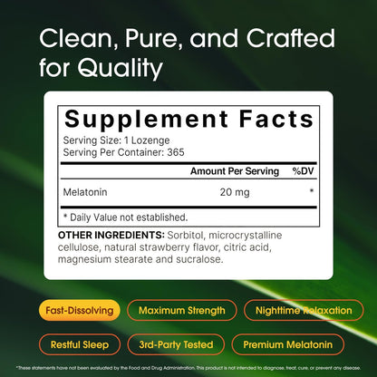 NatureBell Melatonin 20mg - 365 Lutschtabletten - Tägliche Schlafunterstützung für Erwachsene - Nachtzeit-Ergänzung zur Entspannung* - Löst sich schnell auf
