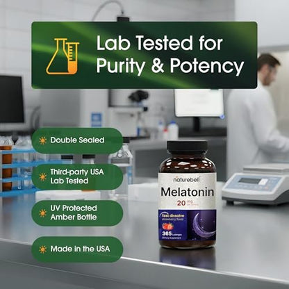NatureBell Melatonin 20mg - 365 Lutschtabletten - Tägliche Schlafunterstützung für Erwachsene - Nachtzeit-Ergänzung zur Entspannung* - Löst sich schnell auf