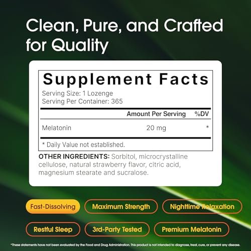 NatureBell Melatonin 20mg - 365 Lutschtabletten - Tägliche Schlafunterstützung für Erwachsene - Nachtzeit-Ergänzung zur Entspannung* - Löst sich schnell auf