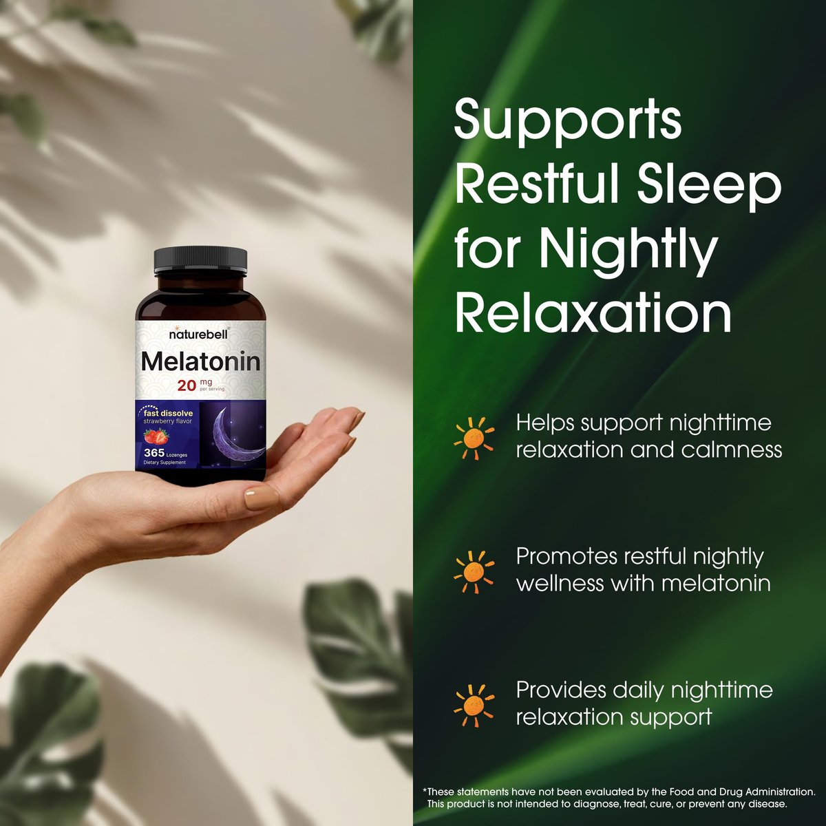 NatureBell Melatonin 20mg - 365 Lutschtabletten - Tägliche Schlafunterstützung für Erwachsene - Nachtzeit-Ergänzung zur Entspannung* - Löst sich schnell auf