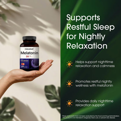 NatureBell Melatonin 20mg - 365 Lutschtabletten - Tägliche Schlafunterstützung für Erwachsene - Nachtzeit-Ergänzung zur Entspannung* - Löst sich schnell auf