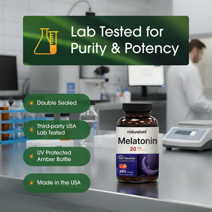 NatureBell Melatonin 20mg - 365 Lutschtabletten - Tägliche Schlafunterstützung für Erwachsene - Nachtzeit-Ergänzung zur Entspannung* - Löst sich schnell auf