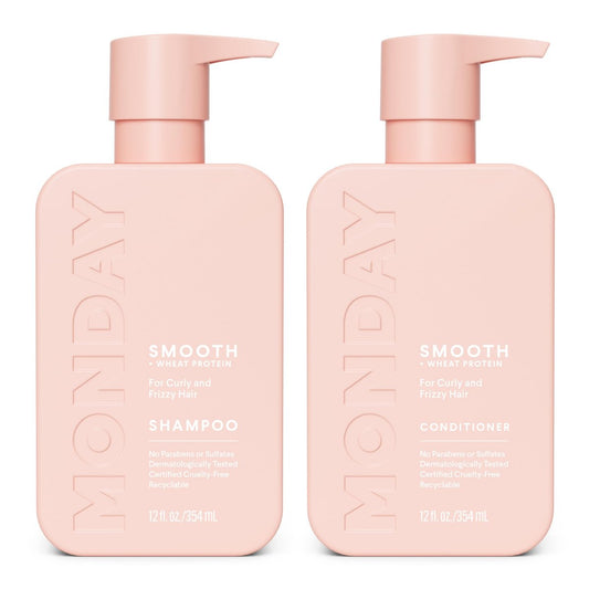 MONDAY HAIRCARE Glättendes Shampoo & Spülung Set (2 Stück) 12 oz je für krauses, grobes & lockiges Haar mit Kokosöl, Sheabutter & Vitamin E – 100% recycelbare Flasche – Rosa