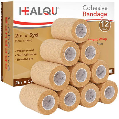 HEALQU Selbstklebender Verbandswickel – 12 Rollen 5 cm x 4,5 m Kohäsives Band für Sport und Athletik – Selbsthaftende medizinische Bandage, flexibel, elastisch für Handgelenk und Knöchel, auch als Tierverband geeignet