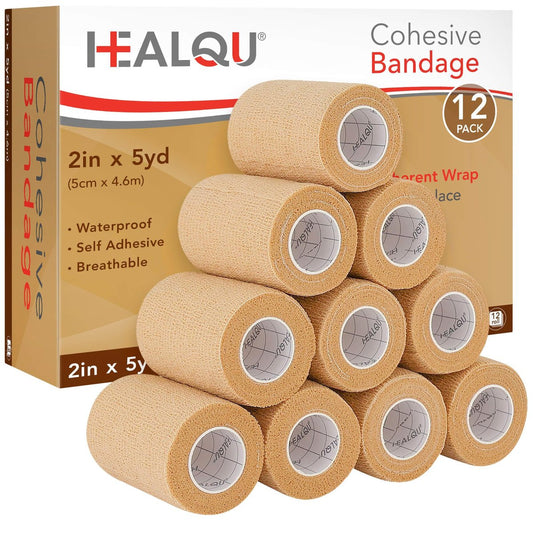 HEALQU Selbstklebender Verbandswickel – 12 Rollen 5 cm x 4,5 m Kohäsives Band für Sport und Athletik – Selbsthaftende medizinische Bandage, flexibel, elastisch für Handgelenk und Knöchel, auch als Tierverband geeignet