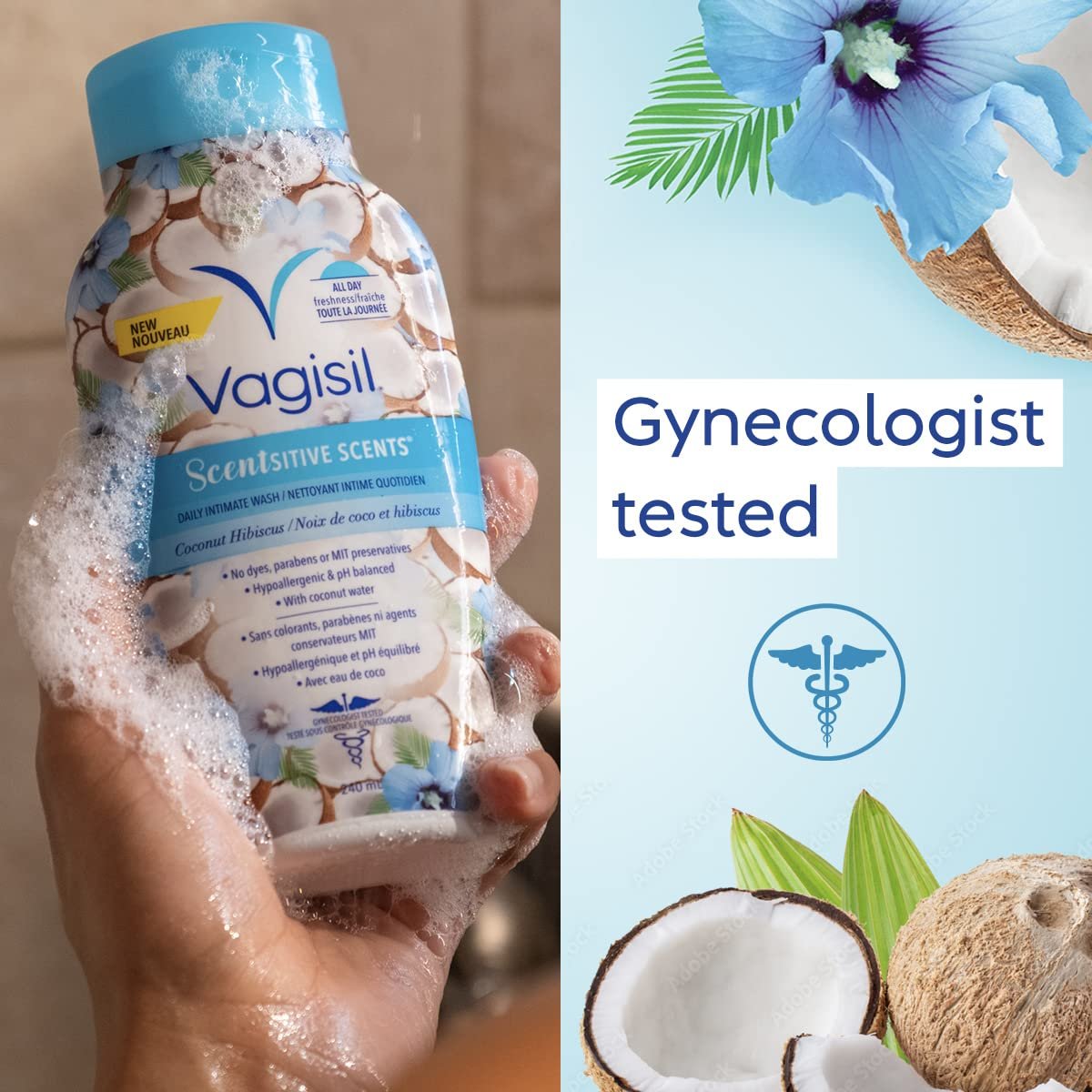 Vagisil Intimwaschgel für die empfindliche Intimhygiene, Scentsitive Düfte, pH-ausgeglichen und gynäkologisch getestet, Kokosnuss-Hibiskus, 12 Fl Oz (3er-Pack)
