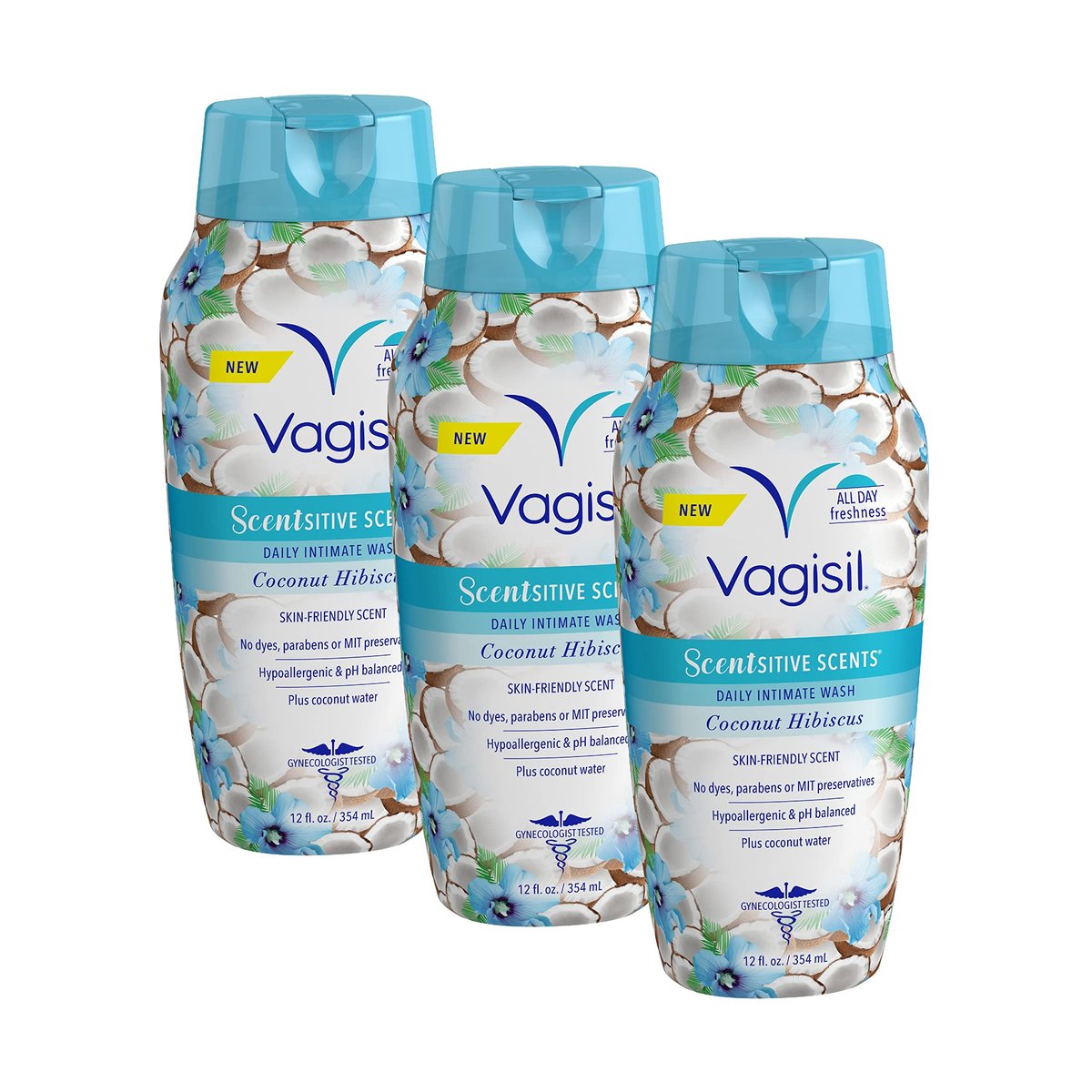 Vagisil Intimwaschgel für die empfindliche Intimhygiene, Scentsitive Düfte, pH-ausgeglichen und gynäkologisch getestet, Kokosnuss-Hibiskus, 12 Fl Oz (3er-Pack)