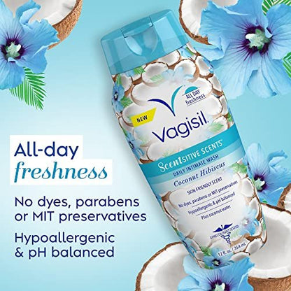 Vagisil Intimwaschgel für die empfindliche Intimhygiene, Scentsitive Düfte, pH-ausgeglichen und gynäkologisch getestet, Kokosnuss-Hibiskus, 12 Fl Oz (3er-Pack)