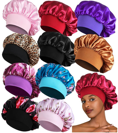 10 Stück Satin Bonnets für Frauen Schlafen, Große Zopf Hauben, Breites Band Haarbonnet