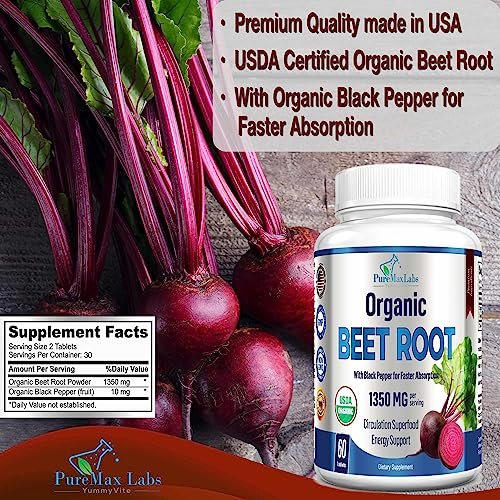 YUMMYVITE Bio Rote Bete Pulver Tabletten - 1350mg mit Schwarzem Pfeffer für schnellere Absorption - Steigert Stickstoffmonoxid für Energie und Ausdauer - 60 Tabletten