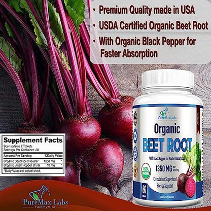 YUMMYVITE Bio Rote Bete Pulver Tabletten - 1350mg mit Schwarzem Pfeffer für schnellere Absorption - Steigert Stickstoffmonoxid für Energie und Ausdauer - 60 Tabletten