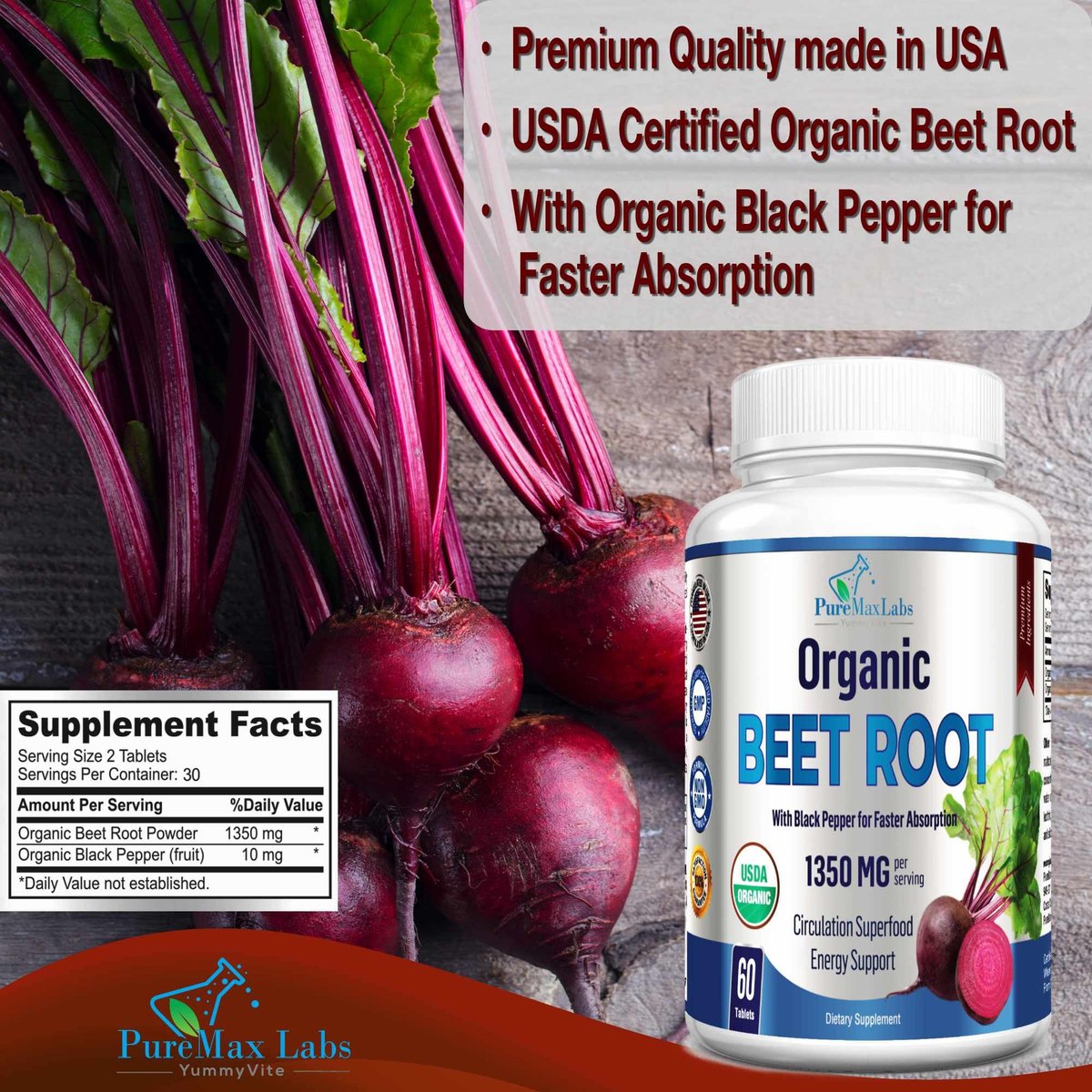 YUMMYVITE Bio Rote Bete Pulver Tabletten - 1350mg mit Schwarzem Pfeffer für schnellere Absorption - Steigert Stickstoffmonoxid für Energie und Ausdauer - 60 Tabletten