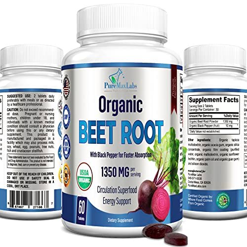 YUMMYVITE Bio Rote Bete Pulver Tabletten - 1350mg mit Schwarzem Pfeffer für schnellere Absorption - Steigert Stickstoffmonoxid für Energie und Ausdauer - 60 Tabletten