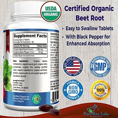 YUMMYVITE Bio Rote Bete Pulver Tabletten - 1350mg mit Schwarzem Pfeffer für schnellere Absorption - Steigert Stickstoffmonoxid für Energie und Ausdauer - 60 Tabletten