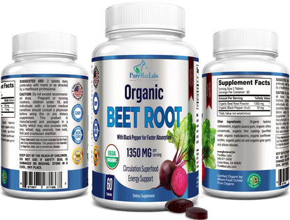 YUMMYVITE Bio Rote Bete Pulver Tabletten - 1350mg mit Schwarzem Pfeffer für schnellere Absorption - Steigert Stickstoffmonoxid für Energie und Ausdauer - 60 Tabletten